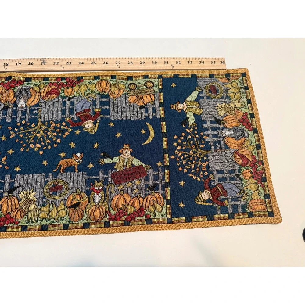 Vintage Fall Harvest Tapestry Table Runner Scarecrow Pumpkin Navy Blue 38 Inch